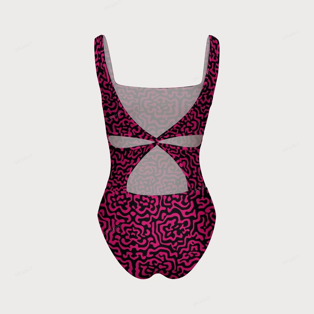Black Magenta Abstract Square Neck Twist Cutout One Piece Swimsuit