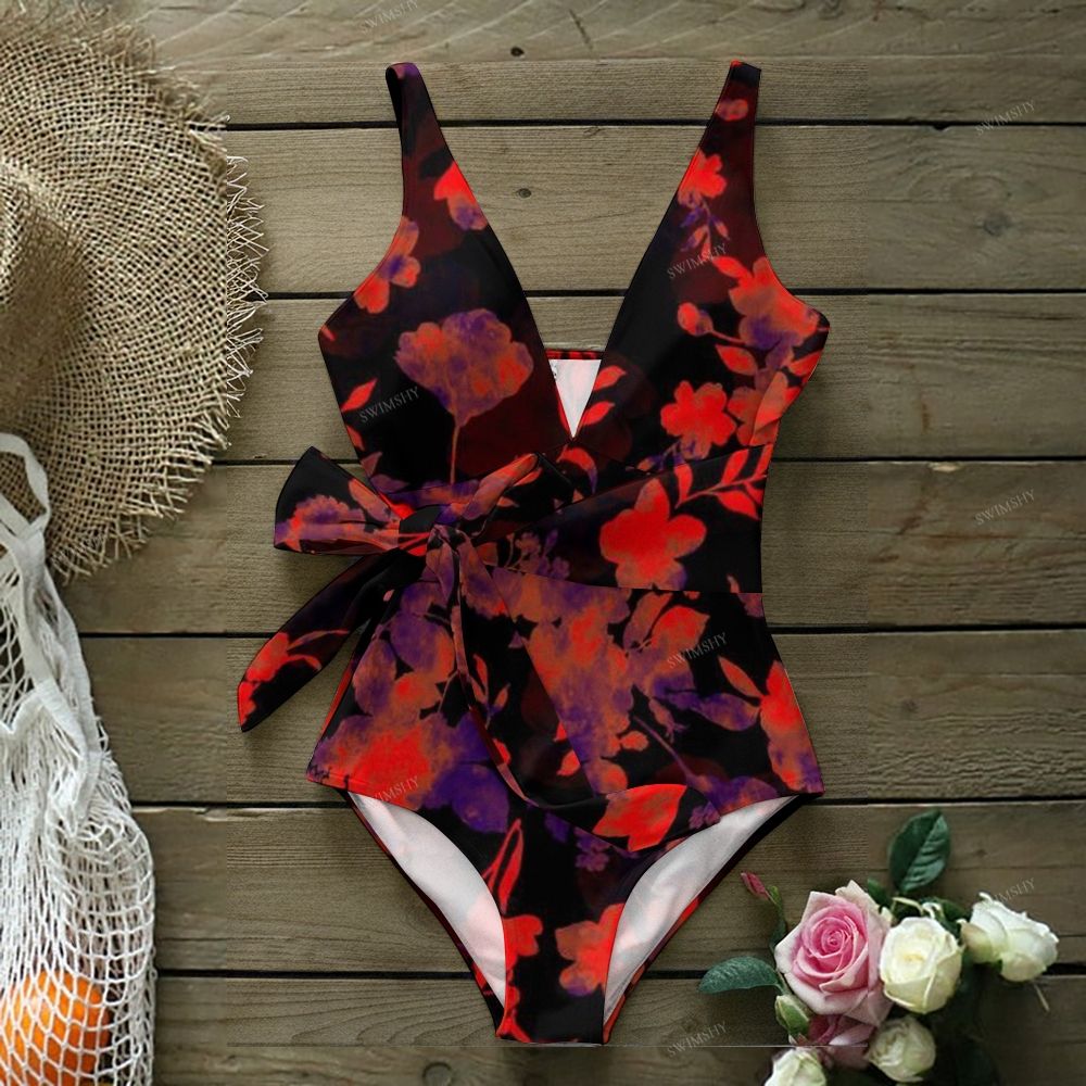 Black Red Purple Floral Print One-Piece Swimsuit