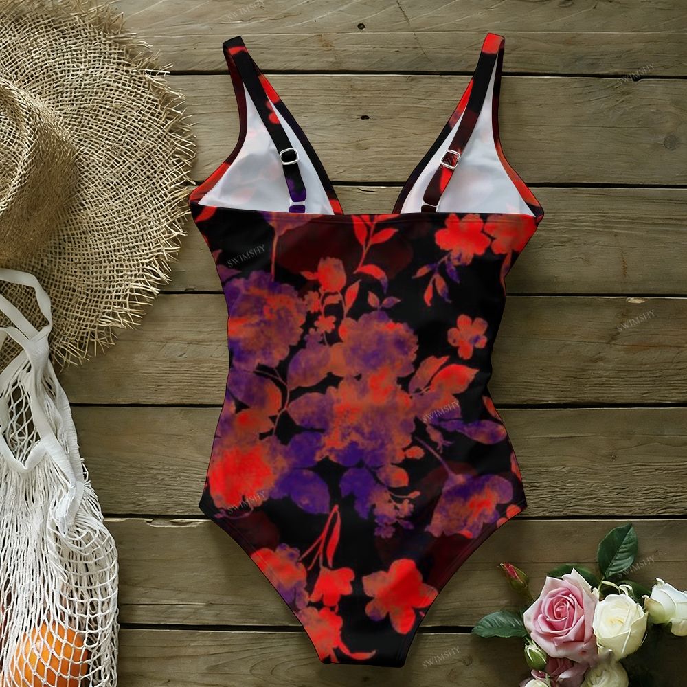 Black Red Purple Floral Print One-Piece Swimsuit