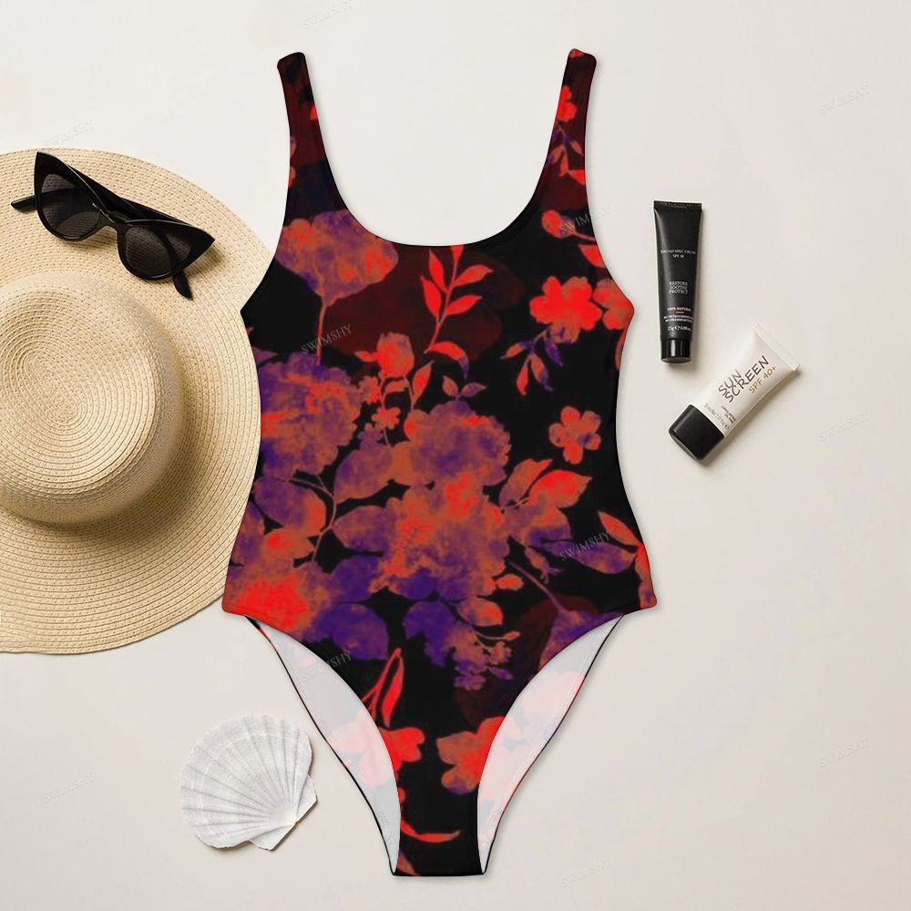 Black Red Purple Floral Print One-Piece Swimsuit