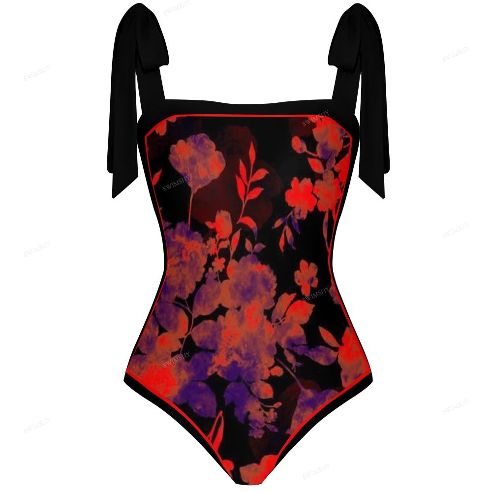 Black Red Purple Floral Print One-Piece Swimsuit