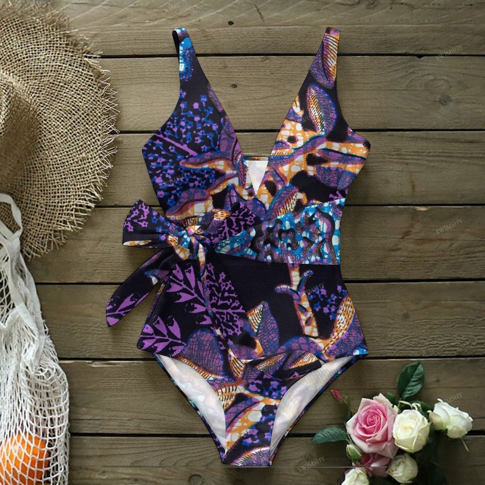 Purple Tropical Leaf Print One-Piece Swimsuit