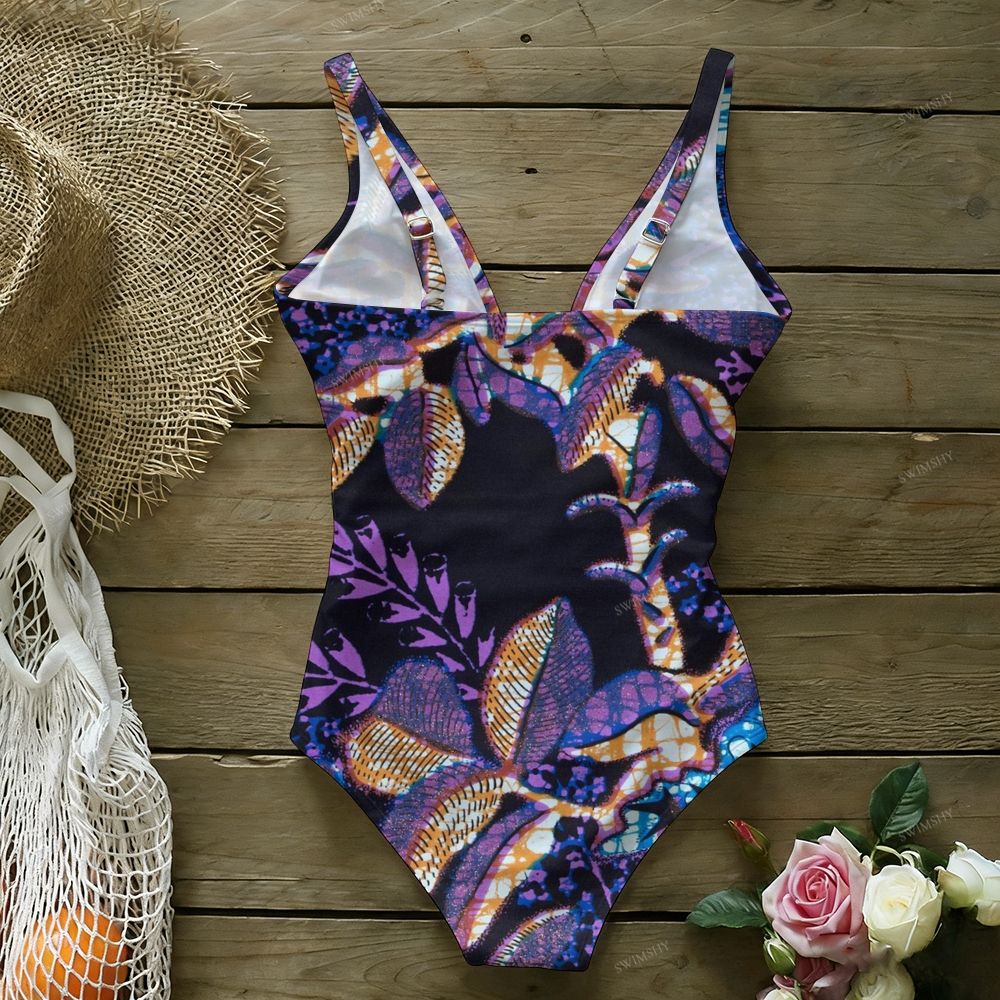 Purple Tropical Leaf Print One-Piece Swimsuit