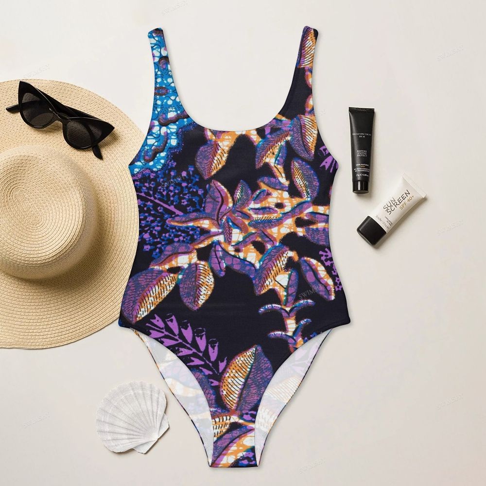 Purple Tropical Leaf Print One-Piece Swimsuit