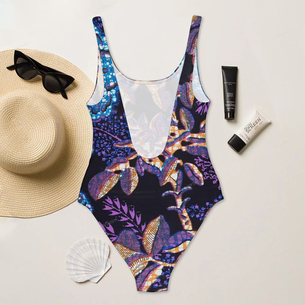 Purple Tropical Leaf Print One-Piece Swimsuit
