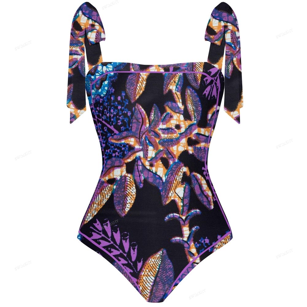 Purple Tropical Leaf Print One-Piece Swimsuit