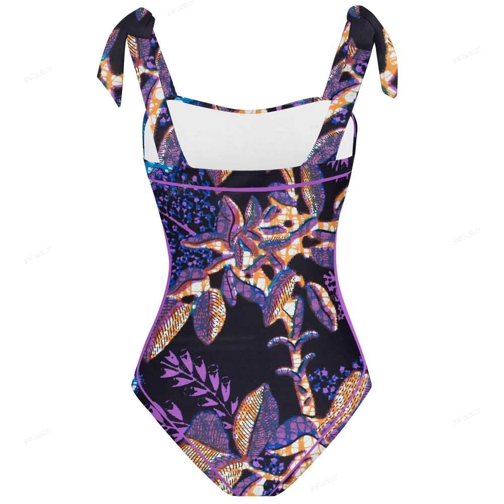 Purple Tropical Leaf Print One-Piece Swimsuit