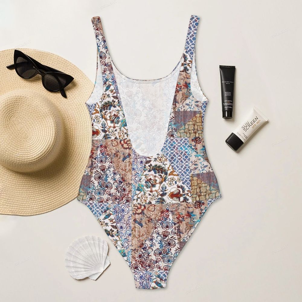 Boho Patchwork Print One-Piece Swimsuit