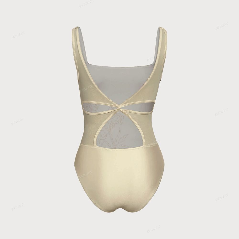 Champagne Gold Rhinestone Rose Square Neck Twist Cutout One Piece Swimsuit