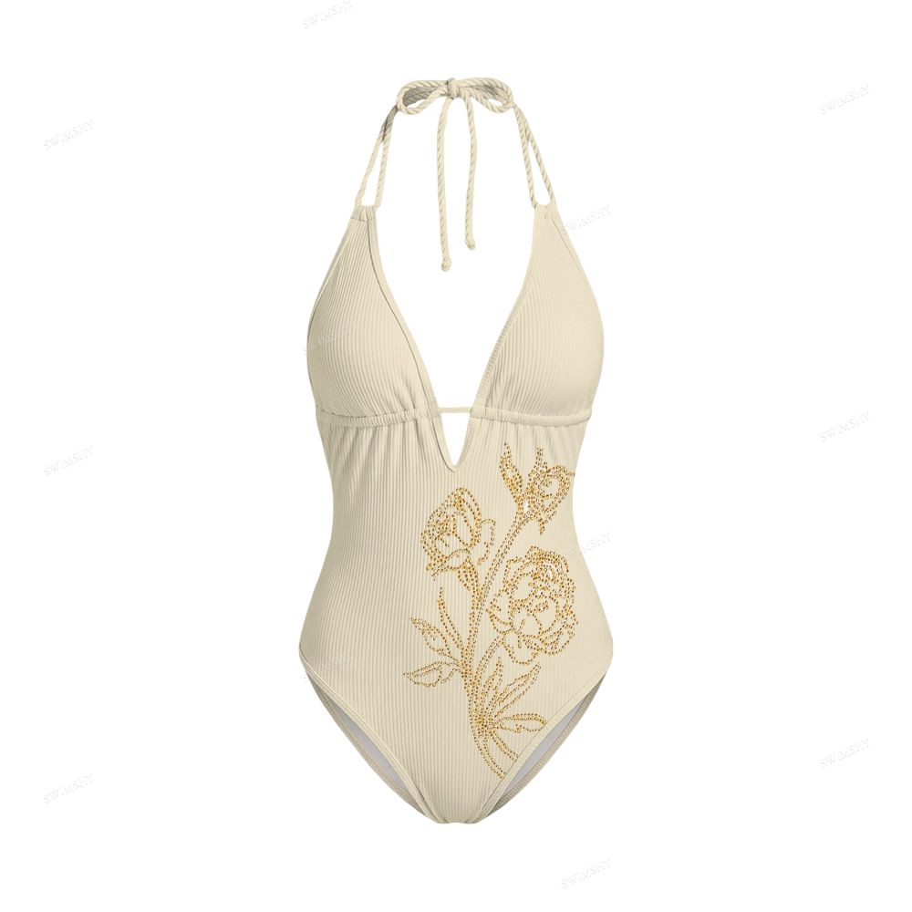 Champagne Gold Rose Floral Print Halter Tie One Piece Swimsuit