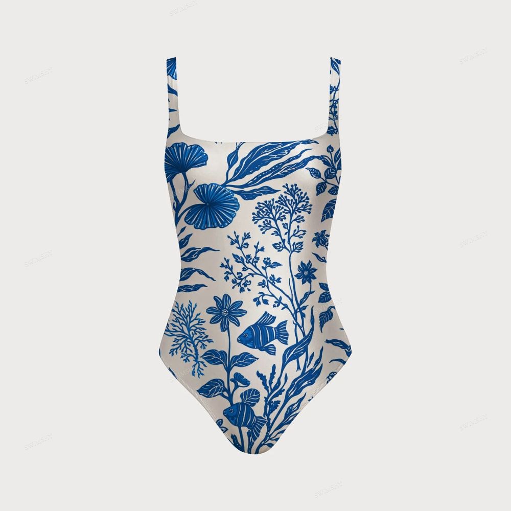 Blue White Marine Plant Square Neck Twist Cutout One Piece Swimsuit
