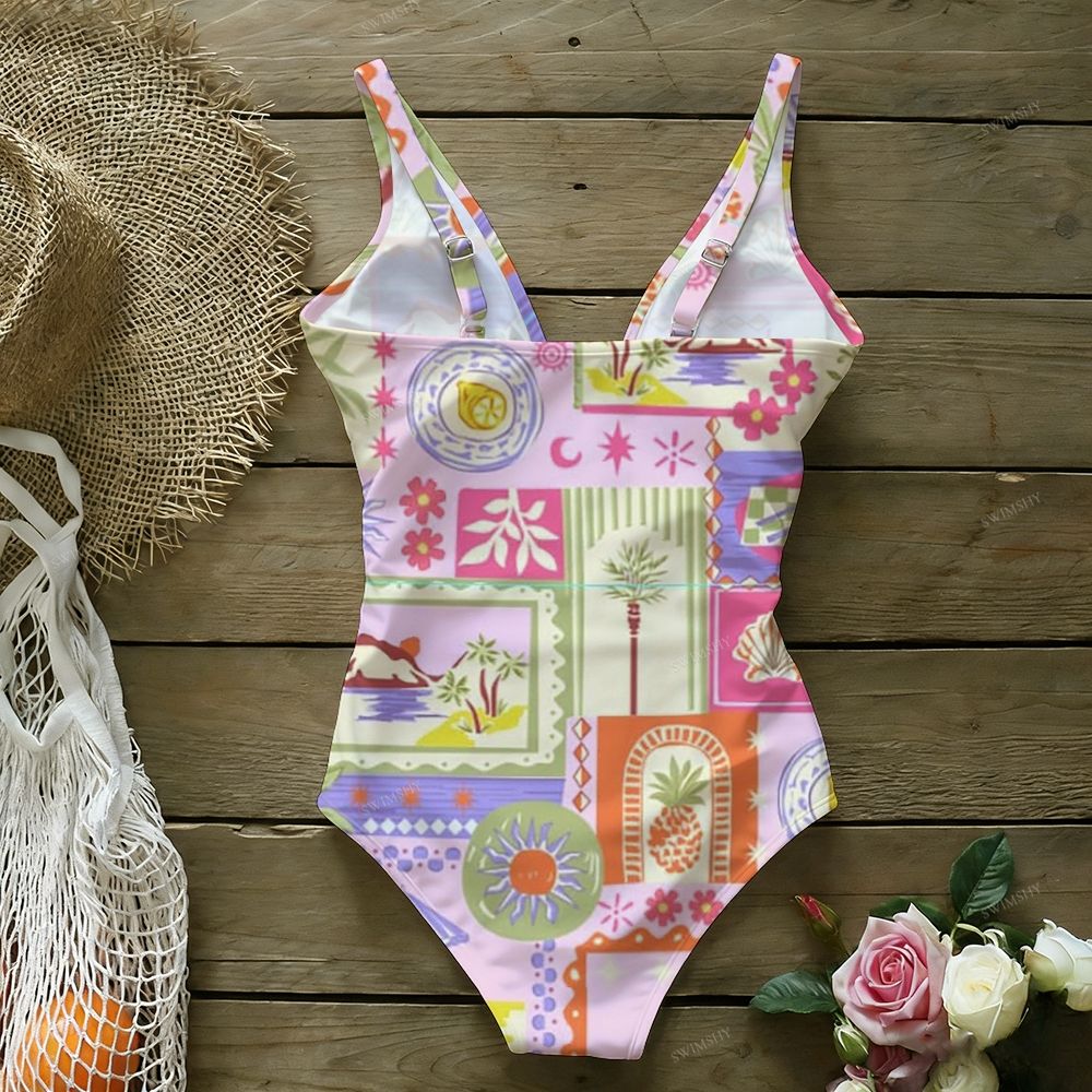 Vacation Style Island Collage Print One Piece Swimsuit