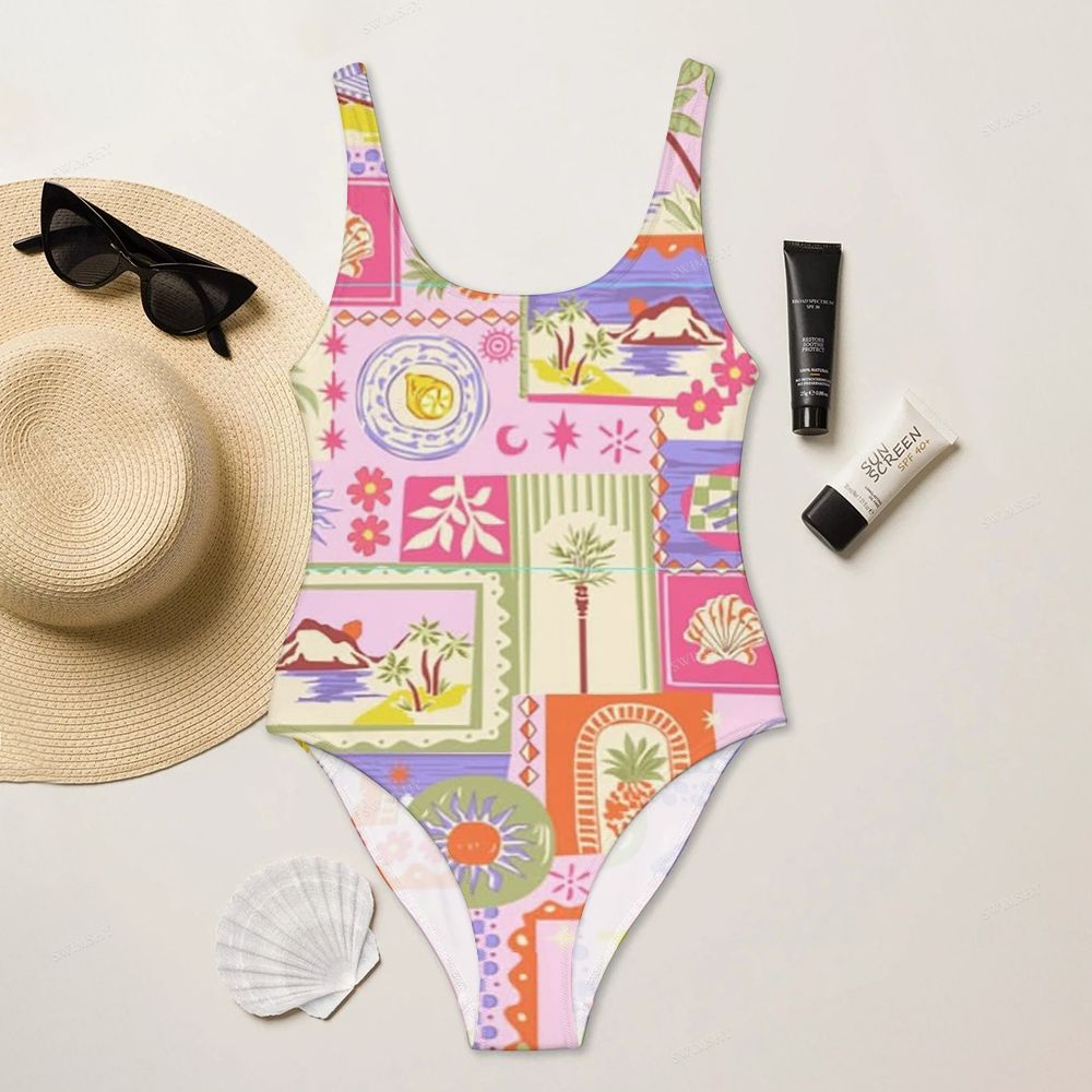 Vacation Style Island Collage Print One Piece Swimsuit