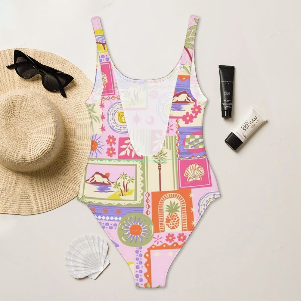 Vacation Style Island Collage Print One Piece Swimsuit