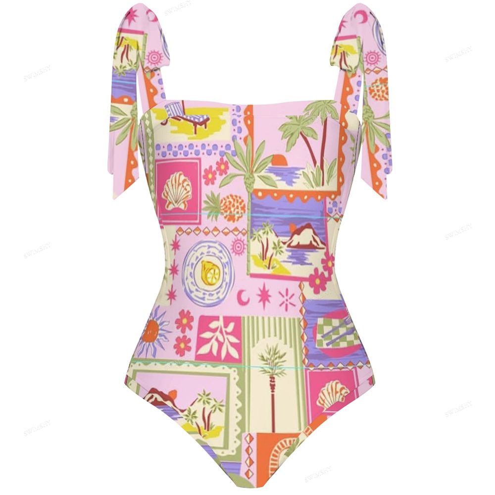 Vacation Style Island Collage Print One Piece Swimsuit