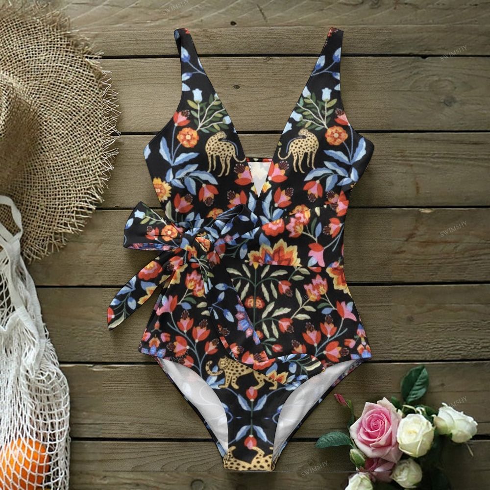 Black Base Floral Leopard Print One-Piece Swimsuit