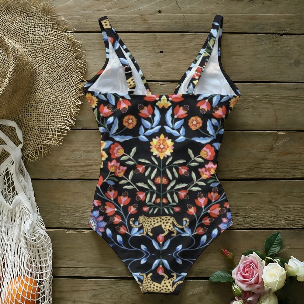 Black Base Floral Leopard Print One-Piece Swimsuit