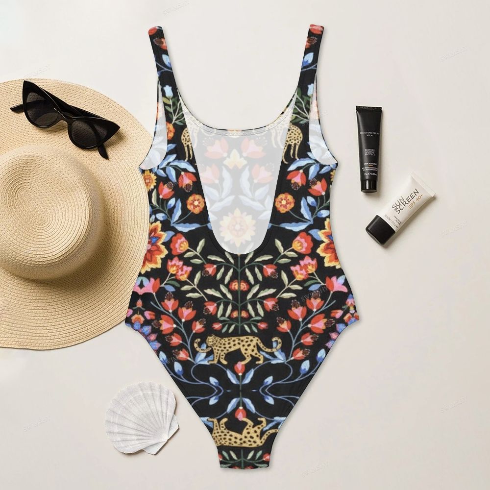 Black Base Floral Leopard Print One-Piece Swimsuit