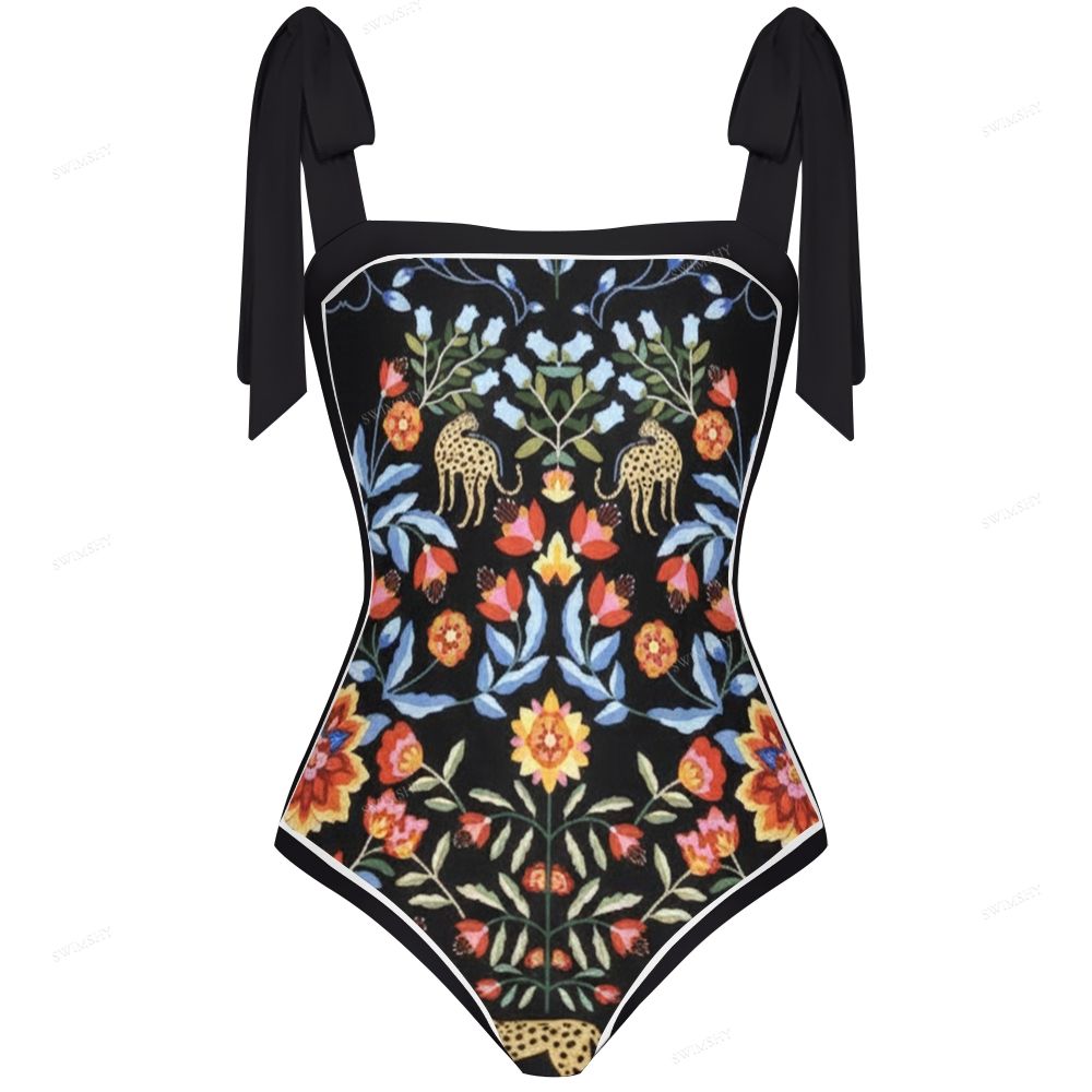 Black Base Floral Leopard Print One-Piece Swimsuit