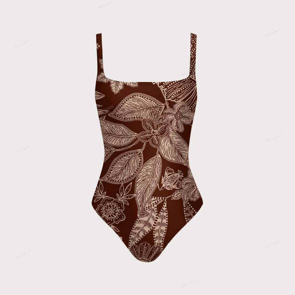 Women's Brown Floral Leaf Print One-piece Swimsuit With Back Mesh Knot