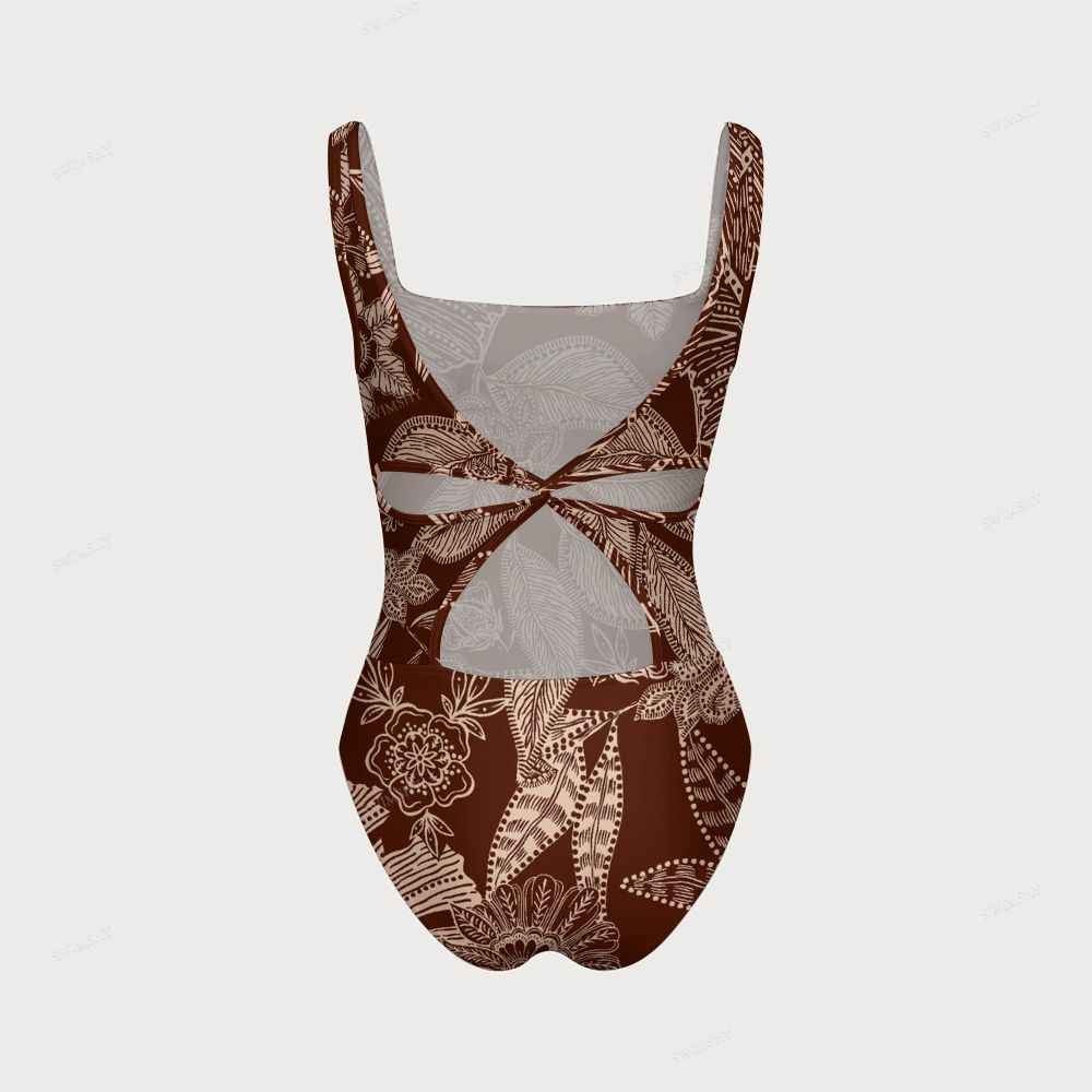 Women's Brown Floral Leaf Print One-piece Swimsuit With Back Mesh Knot