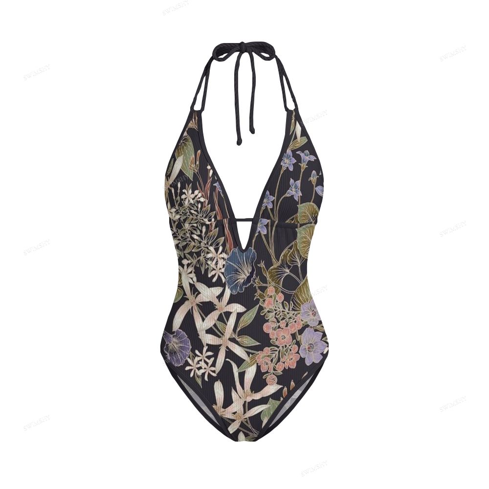 Retro Botanical Print Contrast V Neck One-Piece Swimsuit