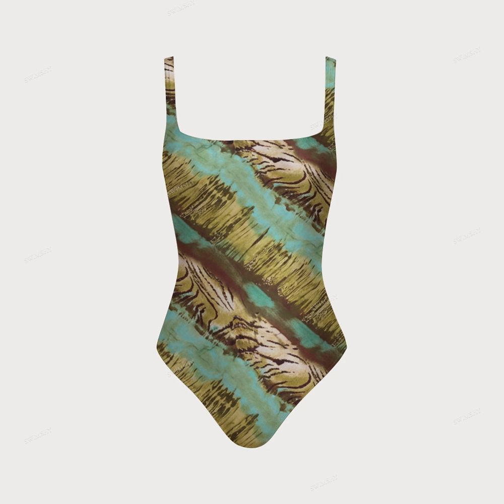 Women's Green Tie Dye Print One-piece Swimsuit With Back Mesh Knot