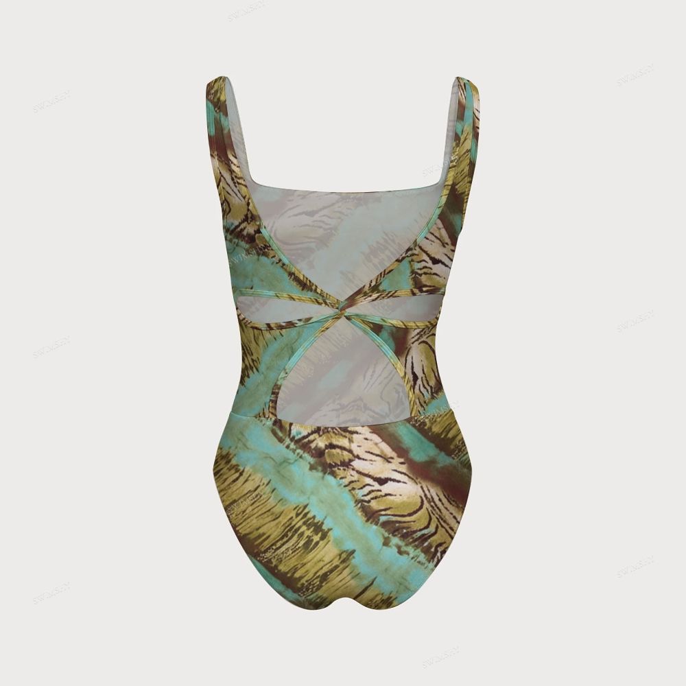 Women's Green Tie Dye Print One-piece Swimsuit With Back Mesh Knot