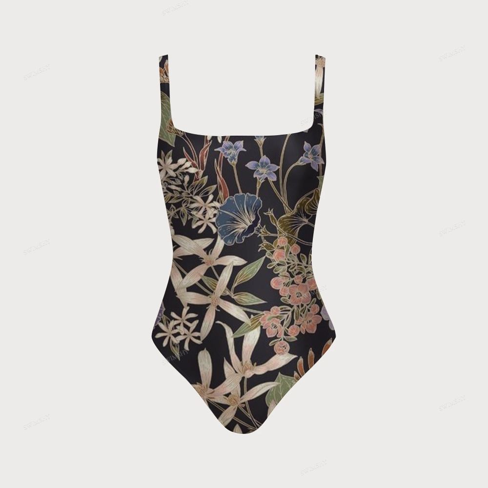 Women's Retro Botanical Print One-piece Swimsuit With Back Mesh Knot