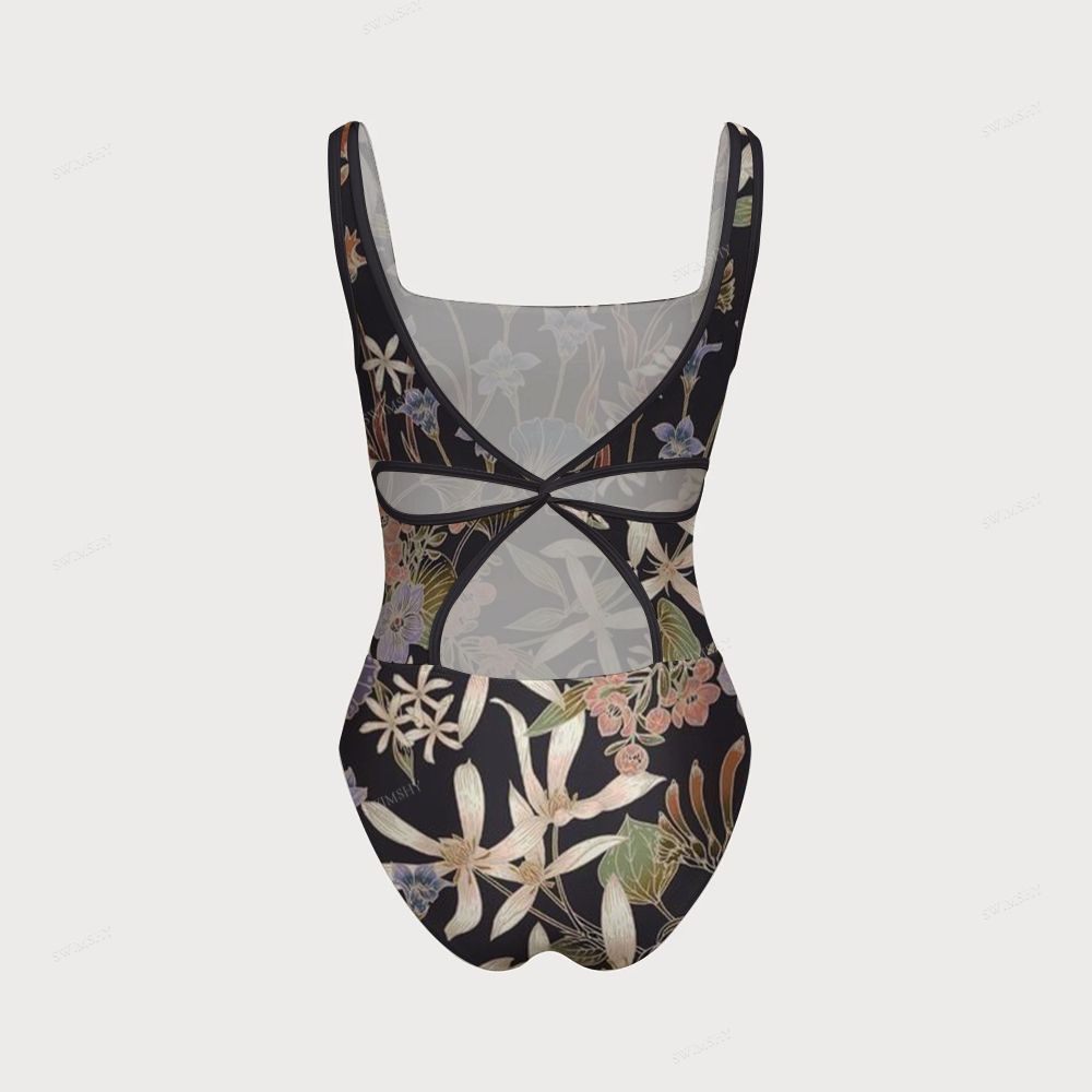 Women's Retro Botanical Print One-piece Swimsuit With Back Mesh Knot