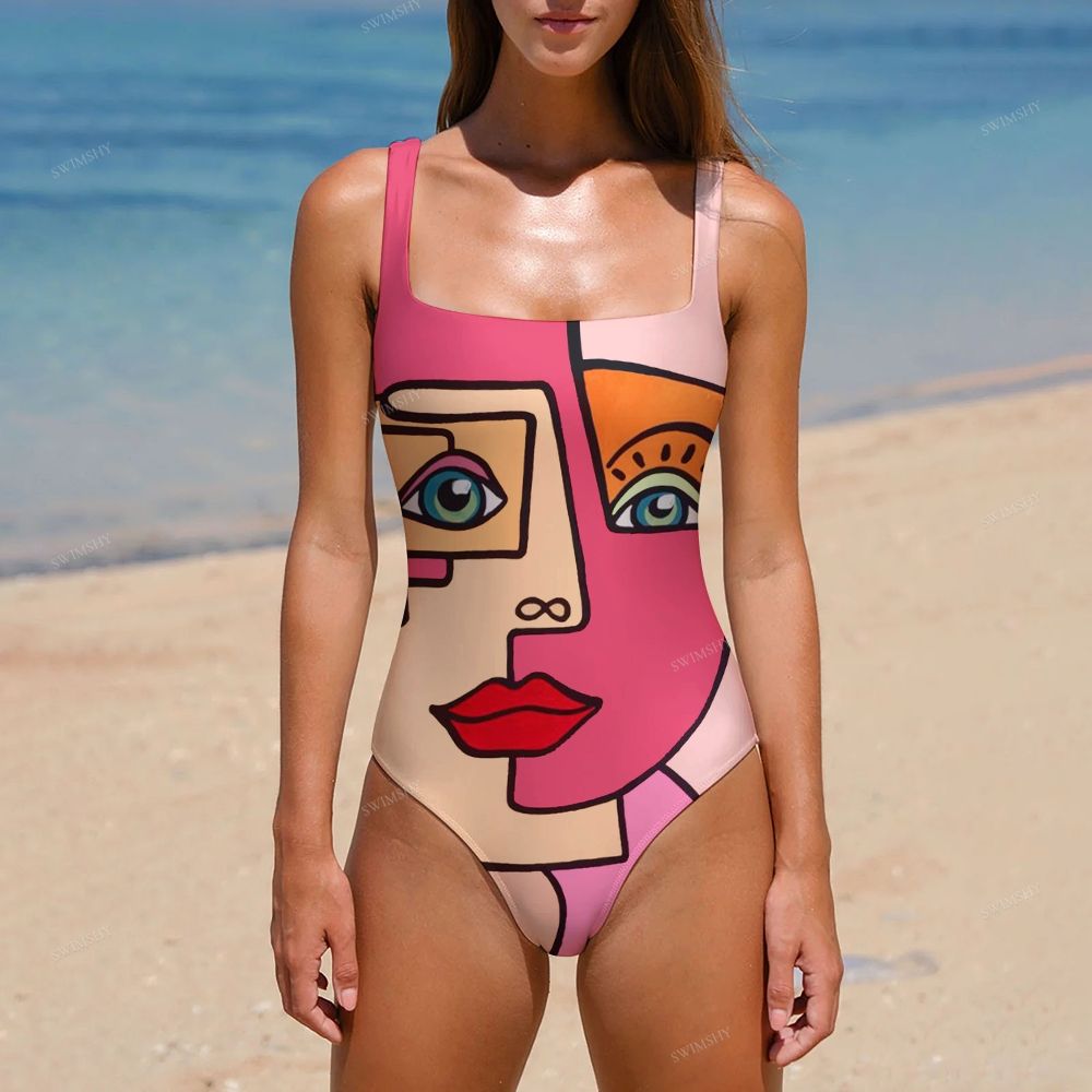 Women's Abstract Face Print One-piece Swimsuit With Back Mesh Knot