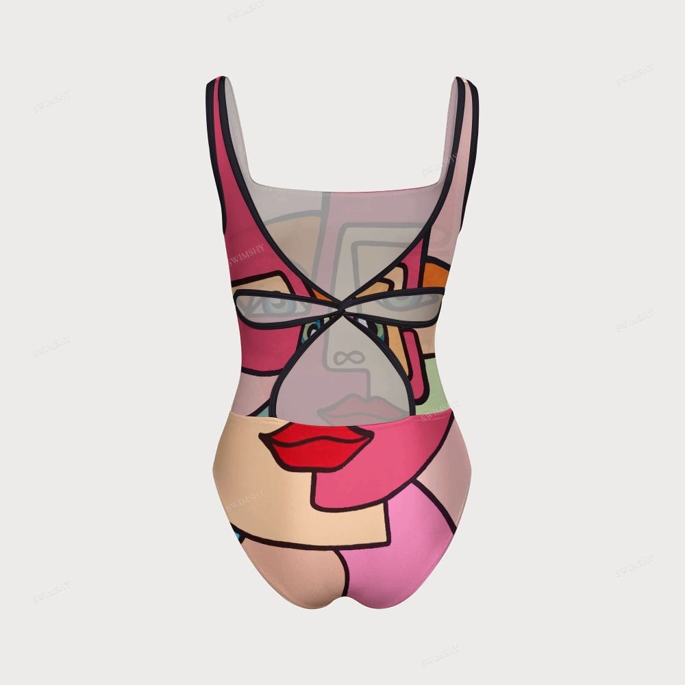 Women's Abstract Face Print One-piece Swimsuit With Back Mesh Knot