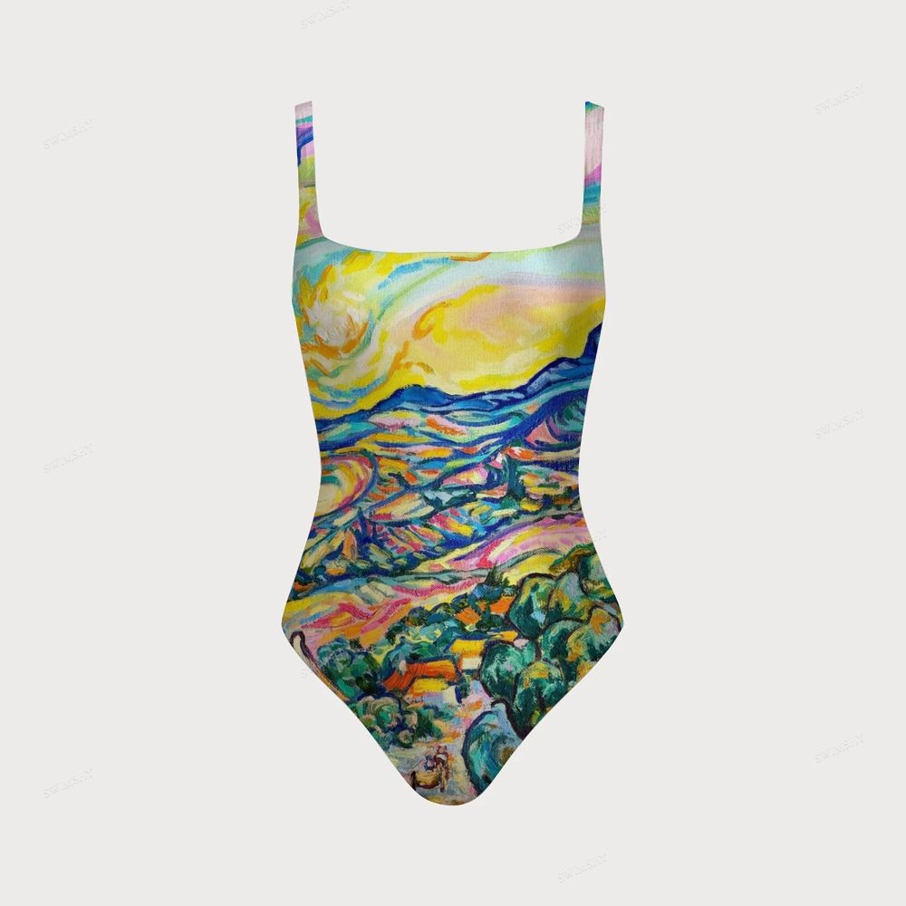 Women's Impressionist Landscape Print One-piece Swimsuit With Back Mesh Knot