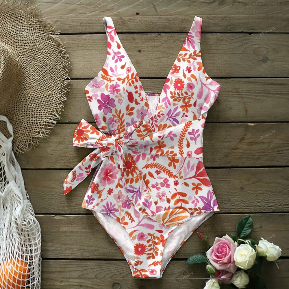 Watercolor Pink Floral Print One-Piece Swimsuit