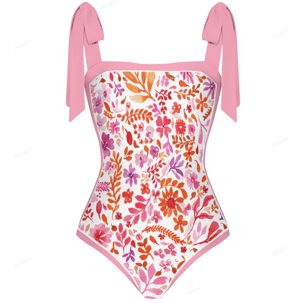 Watercolor Pink Floral Print One-Piece Swimsuit
