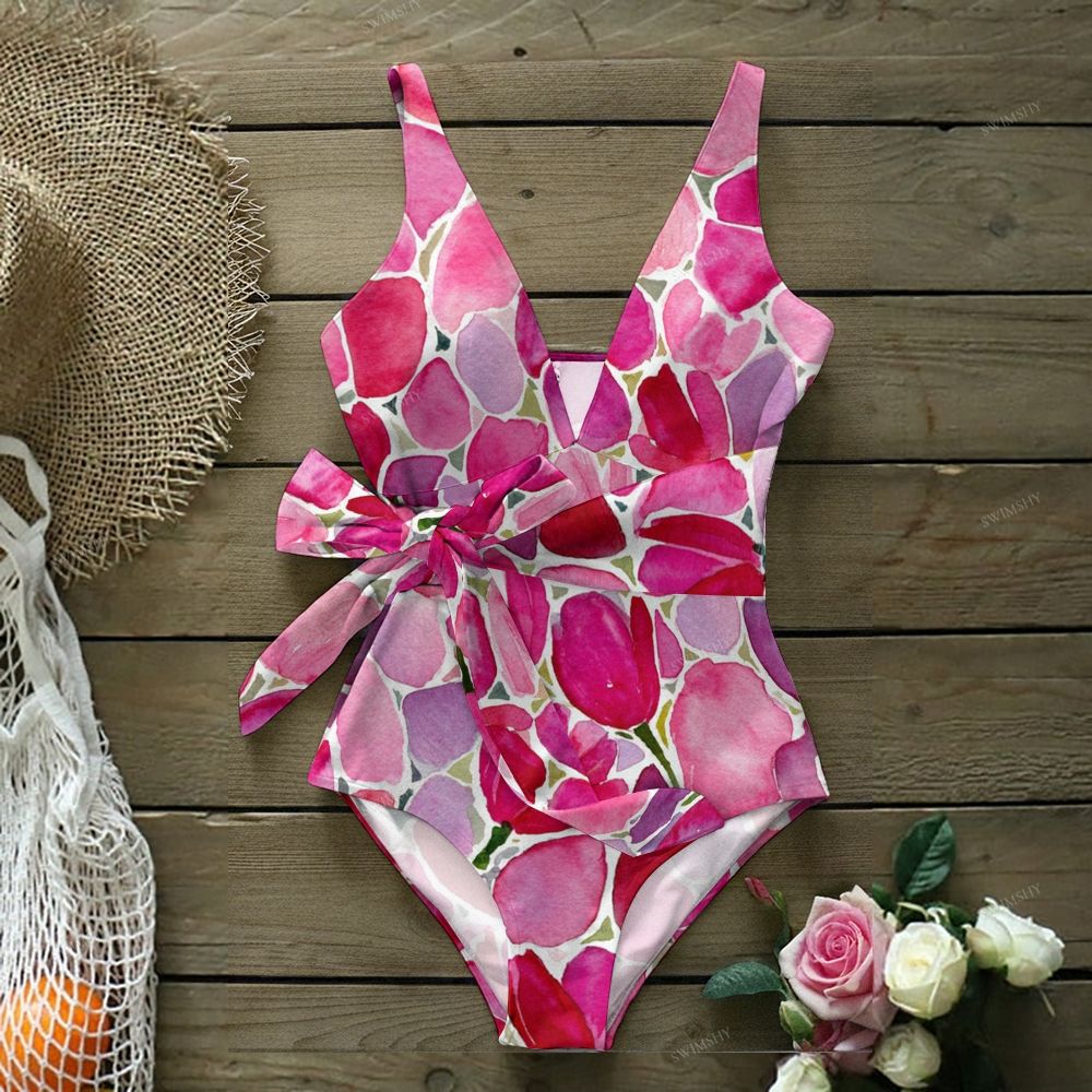 Pink Tulip Print One-Piece Swimsuit