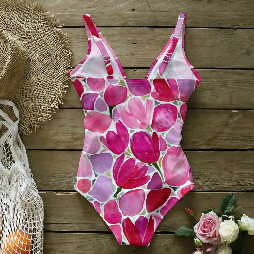 Pink Tulip Print One-Piece Swimsuit