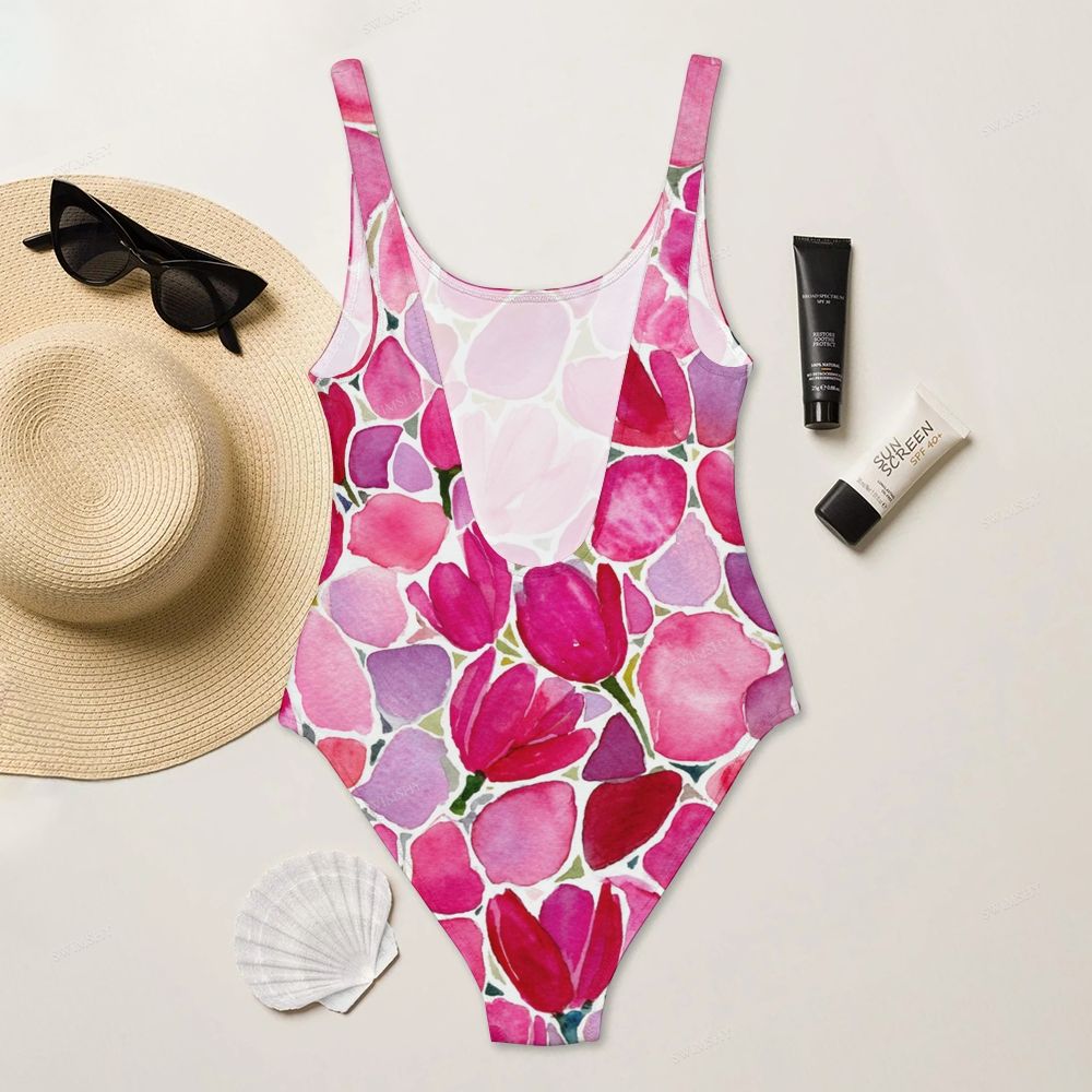 Pink Tulip Print One-Piece Swimsuit