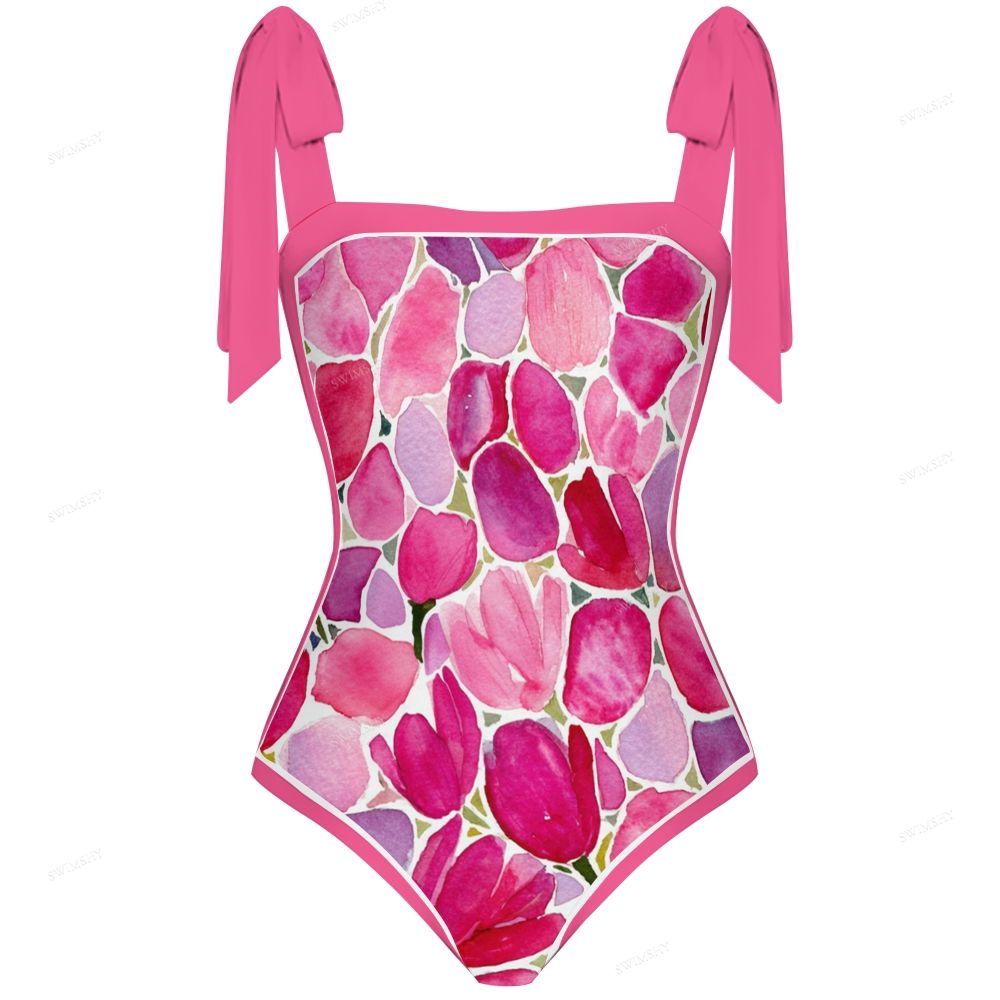 Pink Tulip Print One-Piece Swimsuit