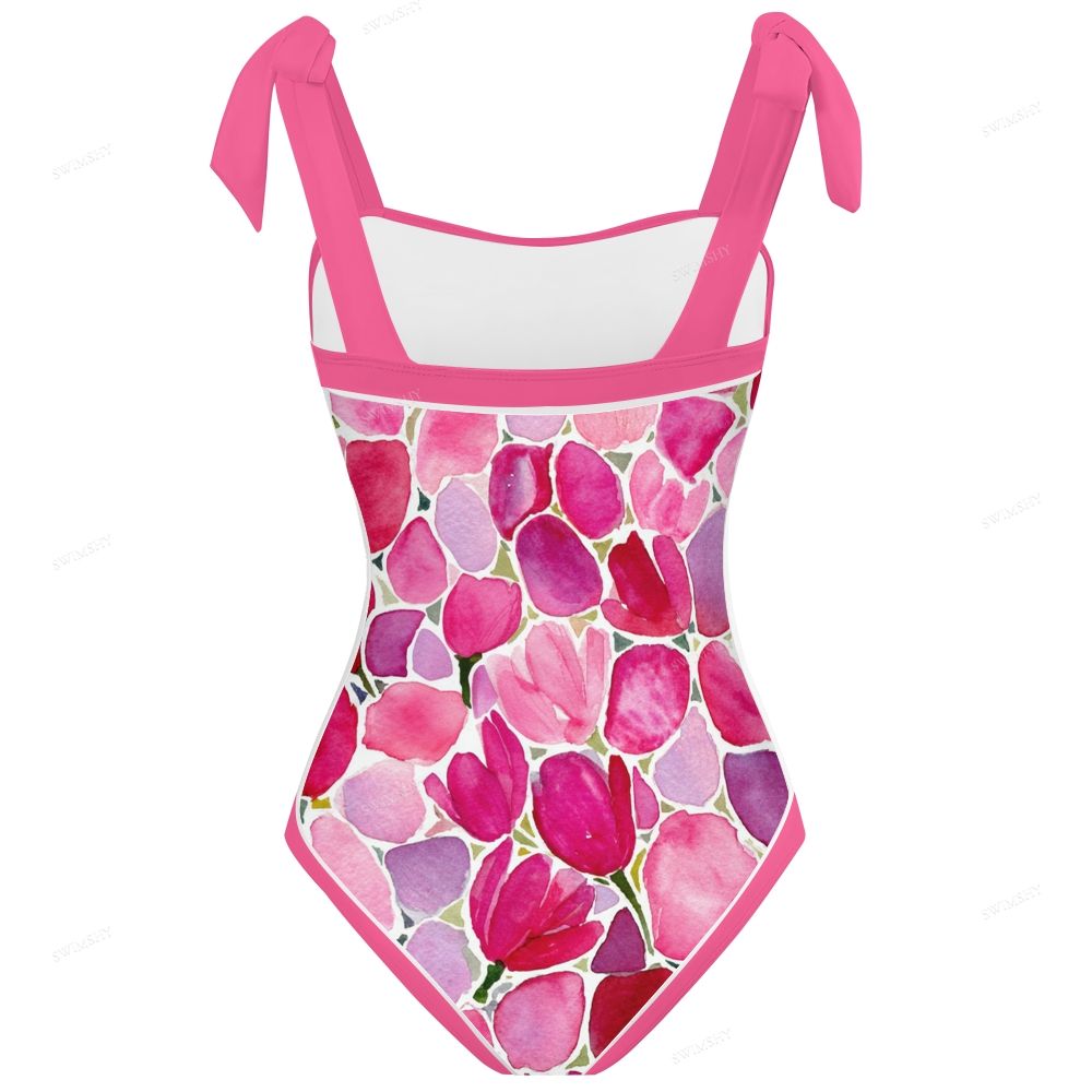 Pink Tulip Print One-Piece Swimsuit