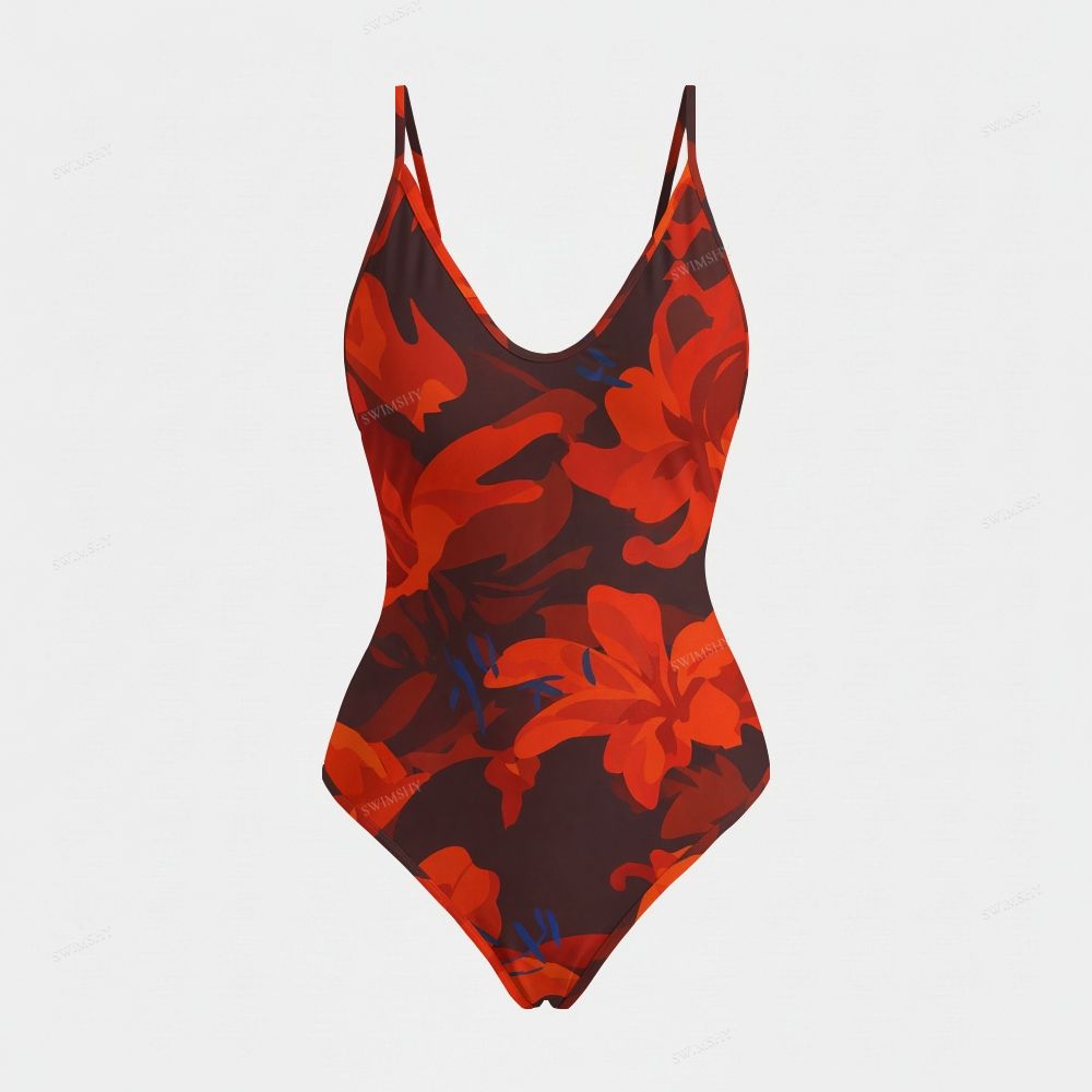 Red Brown Floral Print Side Cutout Strap One Piece Swimsuit