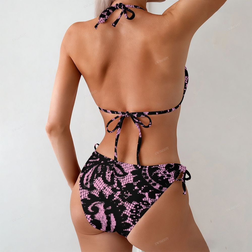 Women's Pink Lace Pattern Print Swimsuit