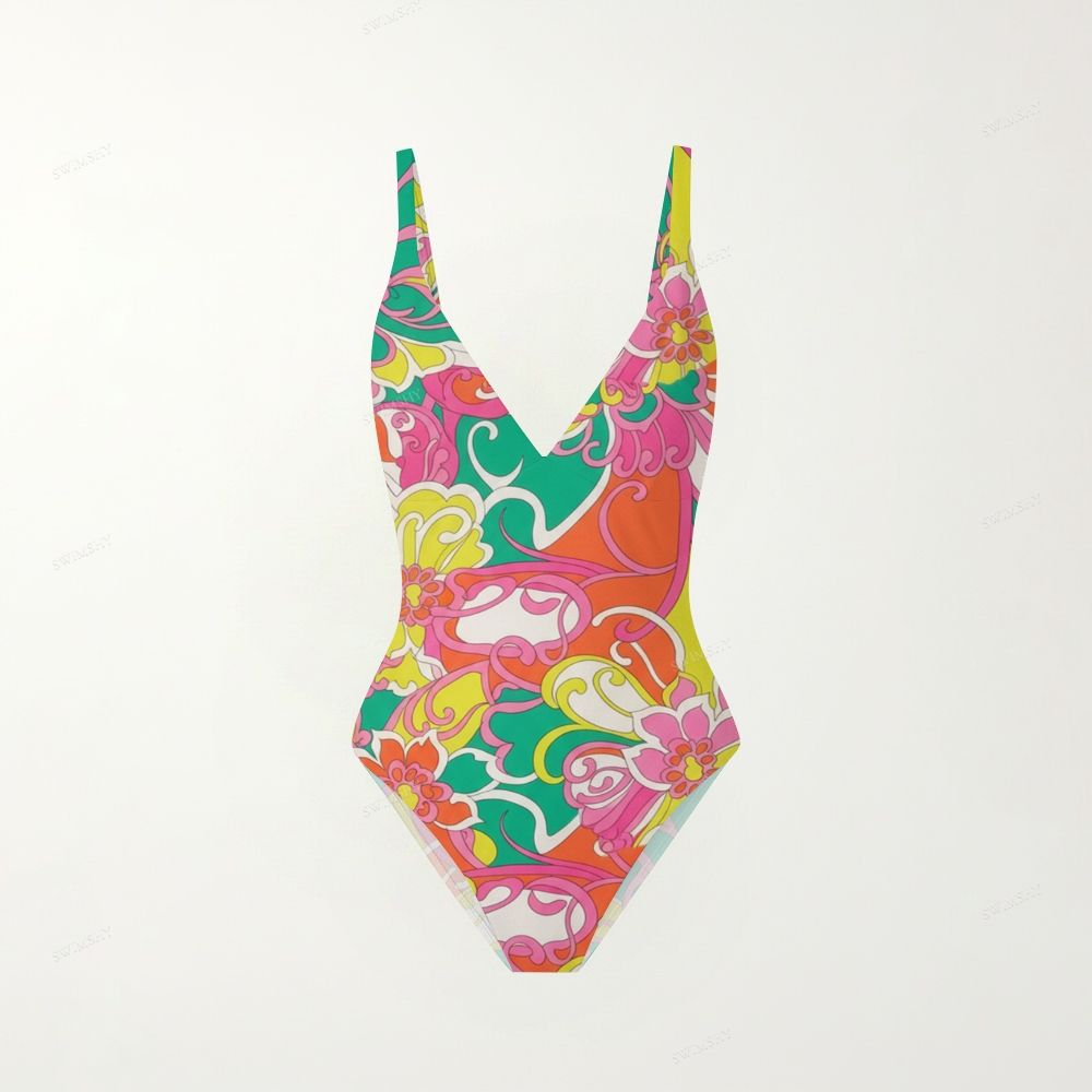 Retro Floral Print V-Back One-Piece Swimsuit