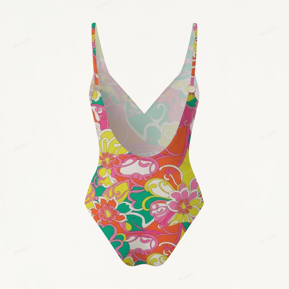 Retro Floral Print V-Back One-Piece Swimsuit