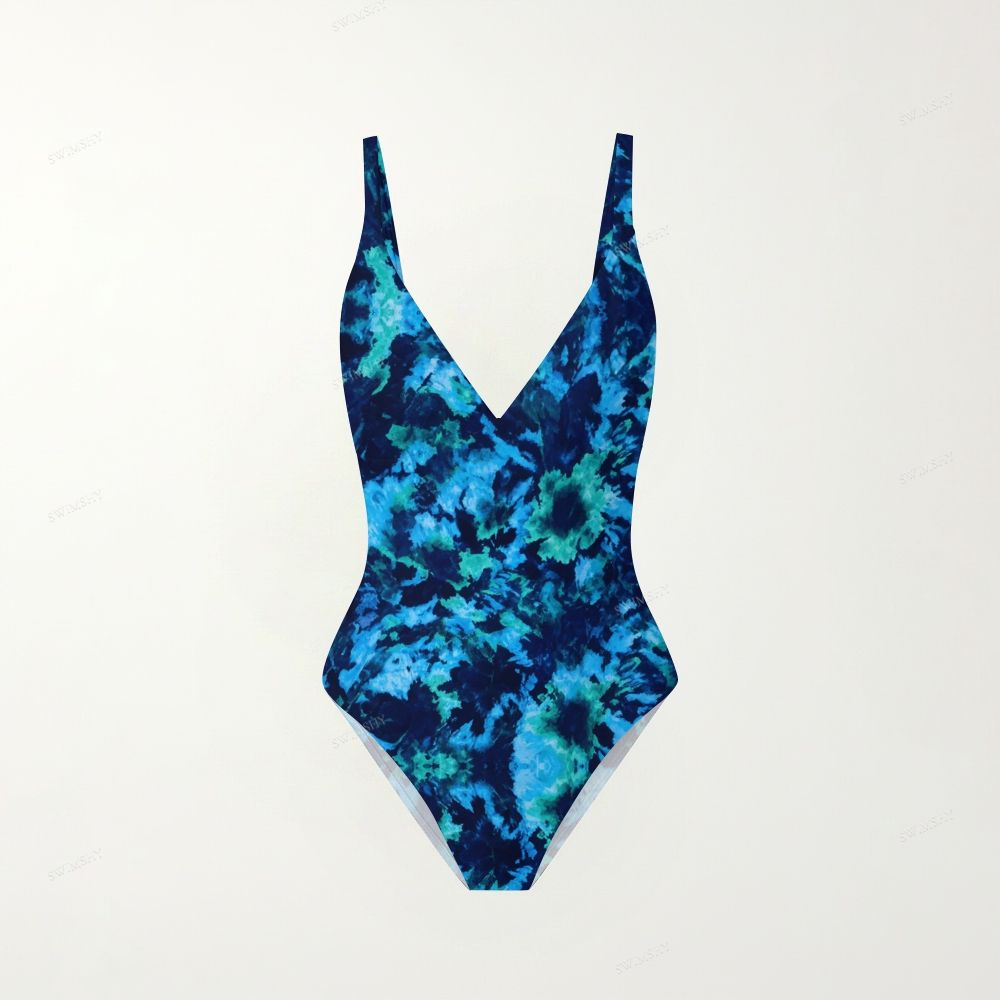 Vintage Indigo abstract Print Plunging V-Back One-Piece Swimsuit