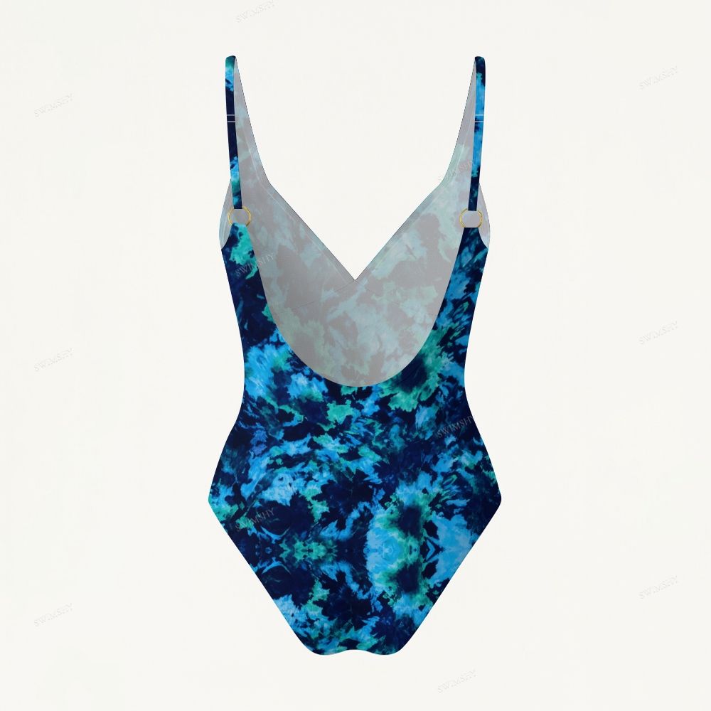 Vintage Indigo abstract Print Plunging V-Back One-Piece Swimsuit
