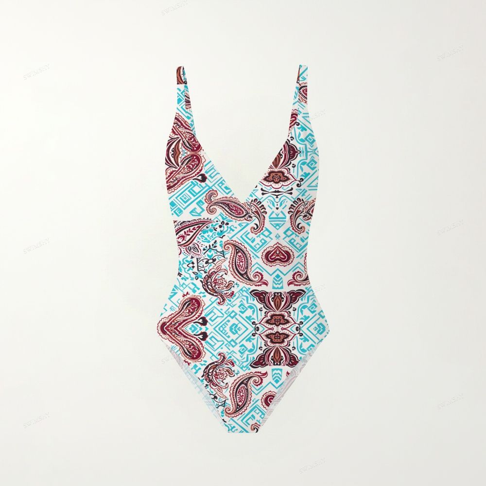 Bohemian Paisley Print Plunging V-Back One-Piece Swimsuit