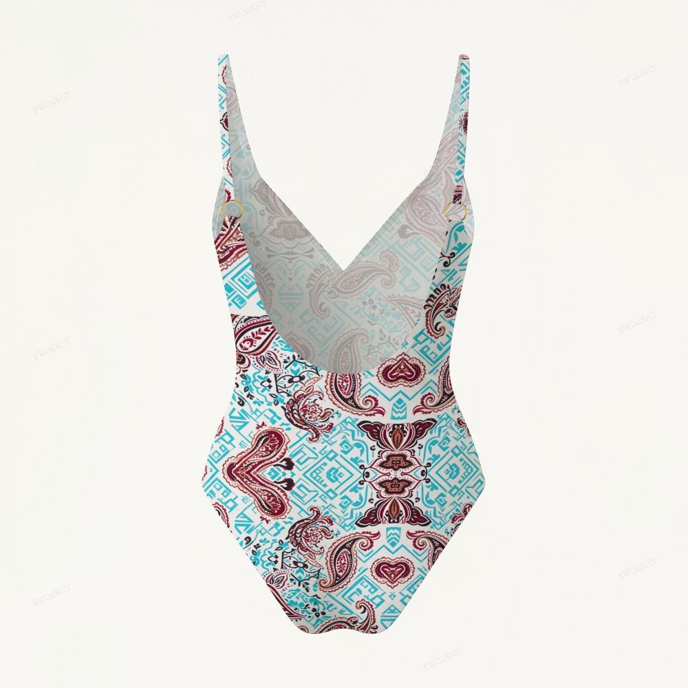 Bohemian Paisley Print Plunging V-Back One-Piece Swimsuit