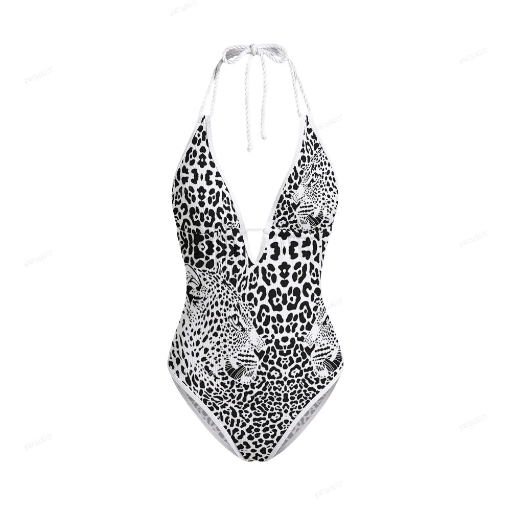 Black & White Leopard Head Print Contrast V Neck One-Piece Swimsuit