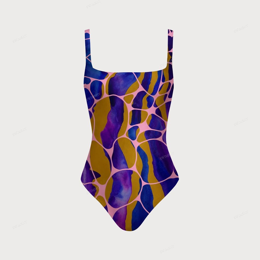Color Wave Abstract Print Women's One-piece Swimsuit With Back Mesh Knot